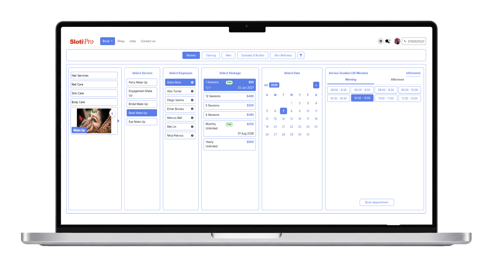 Interactive online booking dashboard showing service selection, calendars, and real-time availability slots
